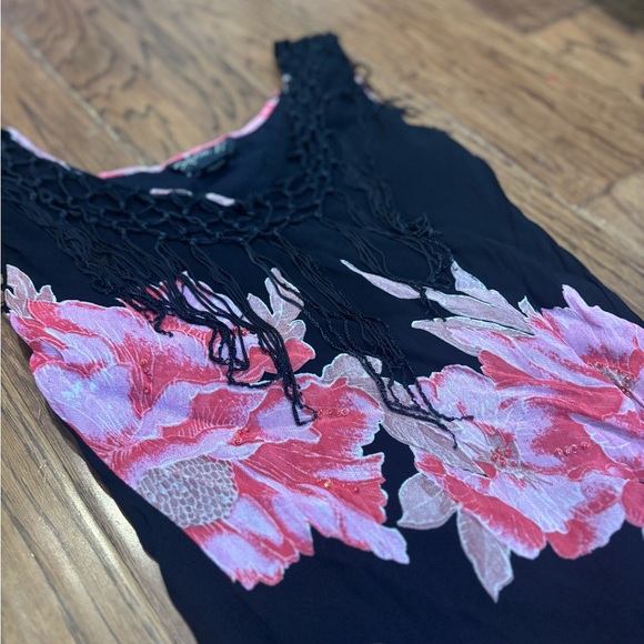 Vintage Whimsigoth Boho Fairycore Black Floral Fringe Chiffon Dress Beaded - Picture 11 of 15